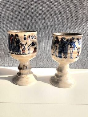 Vintage Hand-Painted Egyptian-Inspired Ceramic Goblet Pair